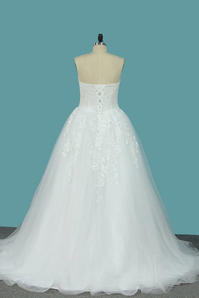 Sweetheart Tulle A Line Wedding Dresses With Applique Beads Sweep Train PDE75