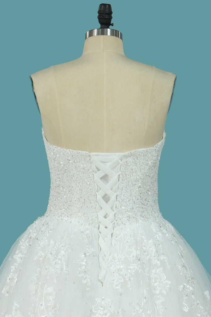 Sweetheart Tulle A Line Wedding Dresses With Applique Beads Sweep Train PDE75