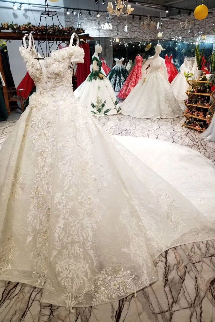 Romantic Off the Shoulder Lace Up Ball Gown Wedding Dresses PDE68