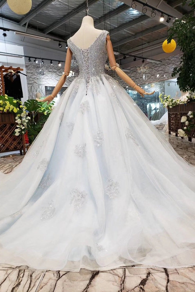 New Arrival Wedding Dresses V Neck Lace Up Back Beads Prom Dress Tulle PDL17