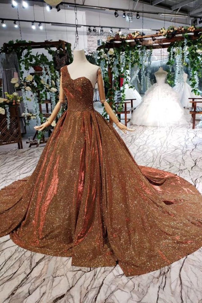 Brown One Shoulder Lace Up Back Sequins Beads Prom Dresses PDL19