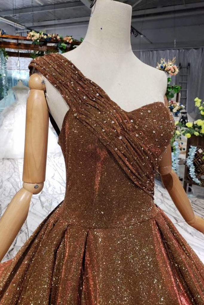 Brown One Shoulder Lace Up Back Sequins Beads Prom Dresses PDL19