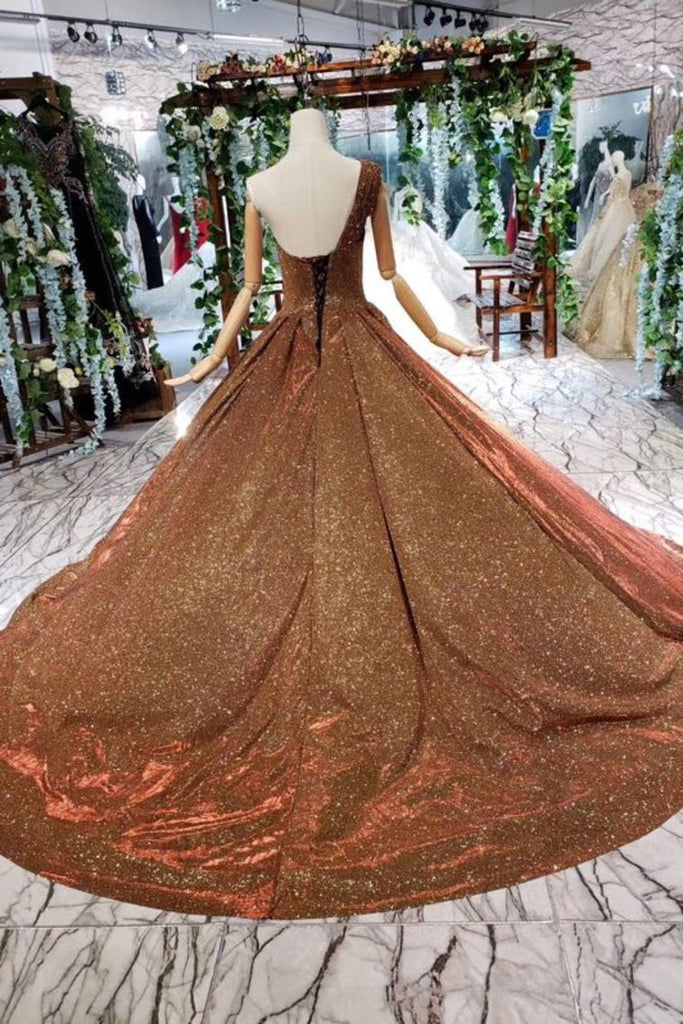 Brown One Shoulder Lace Up Back Sequins Beads Prom Dresses PDL19