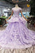 Lilac Short Sleeves Lace Up Back Appliques Tulle Princess Prom Dresses PDL20