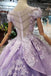 Lilac Short Sleeves Lace Up Back Appliques Tulle Princess Prom Dresses PDL20