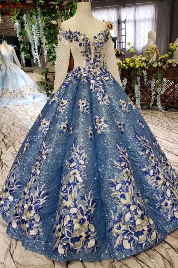Scoop Long Sleeves Lace Up Back Blue Appliques Prom Dresses PDL23