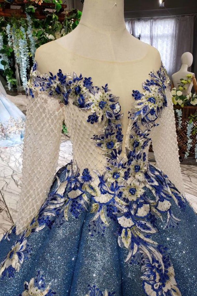 Scoop Long Sleeves Lace Up Back Blue Appliques Prom Dresses PDL23