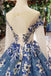Scoop Long Sleeves Lace Up Back Blue Appliques Prom Dresses PDL23