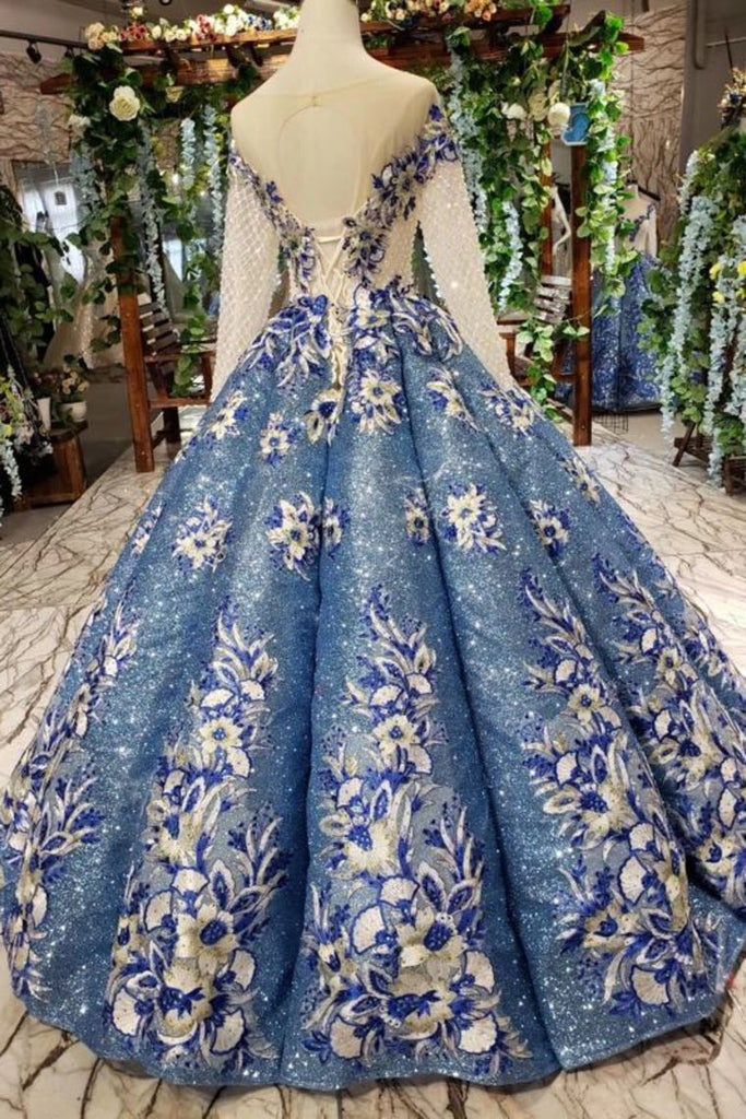 Scoop Long Sleeves Lace Up Back Blue Appliques Prom Dresses PDL23