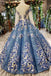 Scoop Long Sleeves Lace Up Back Blue Appliques Prom Dresses PDL23
