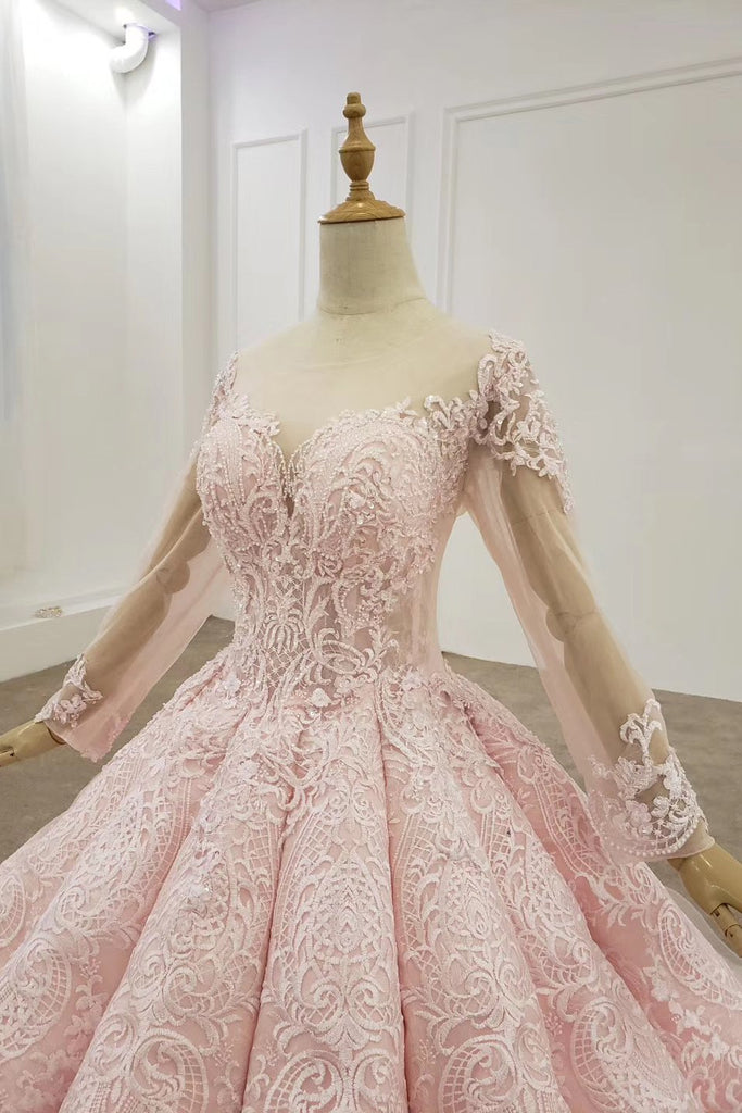 Sheer neck ball gown long sleeves blushing pink prom dress mg125