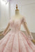 Sheer neck ball gown long sleeves blushing pink prom dress mg125