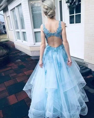A Line Sky Blue Tulle Prom Dresses with Lace Appliques, Open Back Formal Dress OM0269