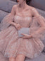 Sparkly Puff Long Sleeves Short Prom Dress, Off the Shoulder Lace Homecoming Dresses HD05