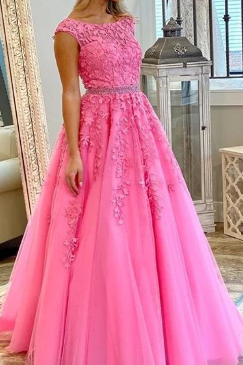Unique A Line Appliques Cap Sleeves Round Neck Beading Light Plum Graduation Dress TD94