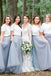A Line Short Sleeves White Top Gray Long Tulle Bridesmaid Dresses PDG51