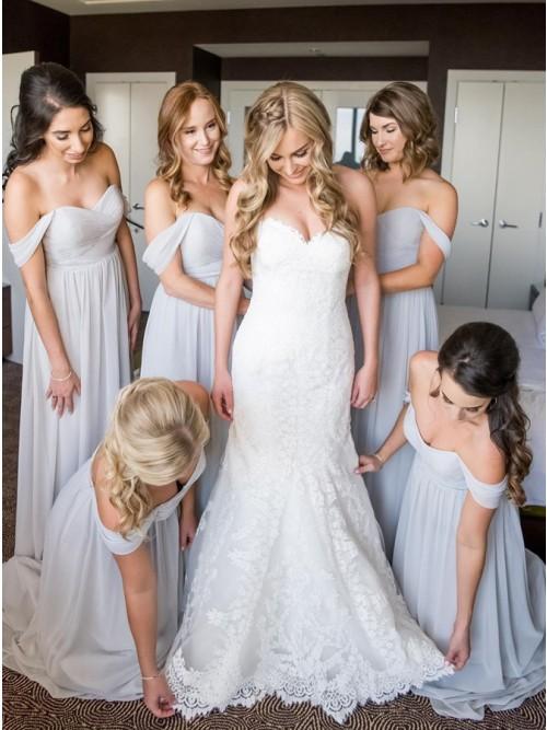 A-Line Off-the-Shoulder Light Grey Ruched Chiffon Long Bridesmaid Dress PDS45