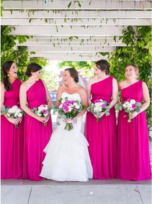 A-Line One-Shoulder Floor-Length Fuchsia Chiffon Bridesmaid Dresses PDS38
