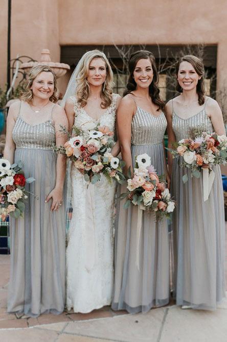 A-Line Spaghetti Straps Floor-Length Grey Chiffon Bridesmaid Dress with Sequins PDS43