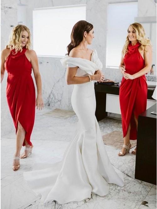 Sheath Cowl Neck Hi-Low Red Simple Bridesmaid Dress with Ruched PDR87