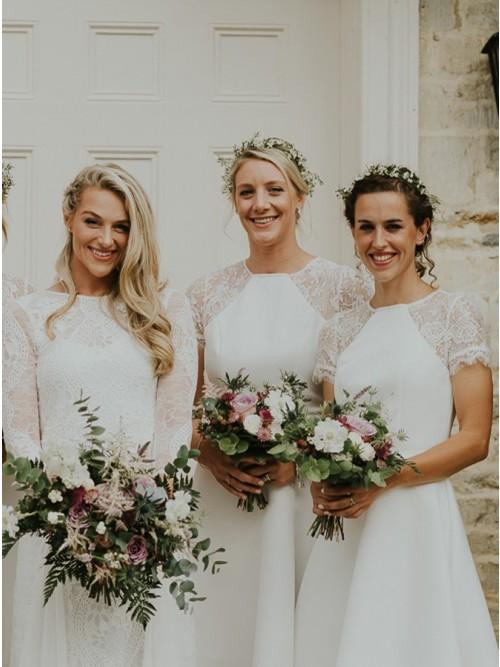 A-Line Short Sleeves Hi-Low Off White Satin Bridesmaid Dress with Lace PDR88