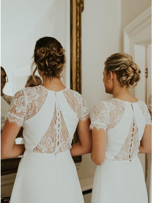 A-Line Short Sleeves Hi-Low Off White Satin Bridesmaid Dress with Lace PDR88