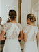 A-Line Short Sleeves Hi-Low Off White Satin Bridesmaid Dress with Lace PDR88