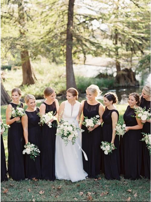 A-Line Round Neck Floor-Length Navy Blue Chiffon Bridesmaid Dress PDR93