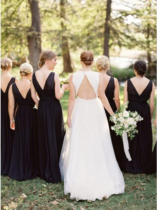A-Line Round Neck Floor-Length Navy Blue Chiffon Bridesmaid Dress PDR93