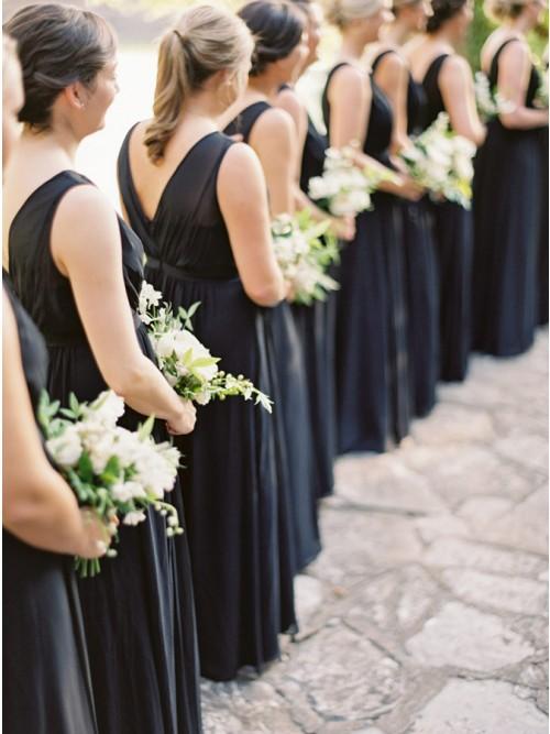 A-Line Round Neck Floor-Length Navy Blue Chiffon Bridesmaid Dress PDR93