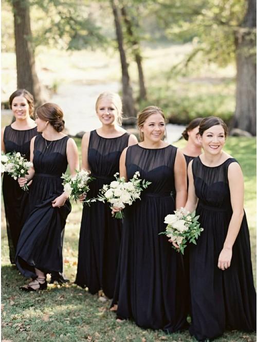 A-Line Round Neck Floor-Length Navy Blue Chiffon Bridesmaid Dress PDR93