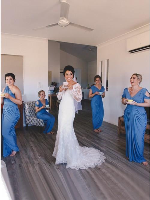 Sheath V-Neck Cold Shoulder Floor-Length Blue Ruched Bridesmaid Dress PDR32