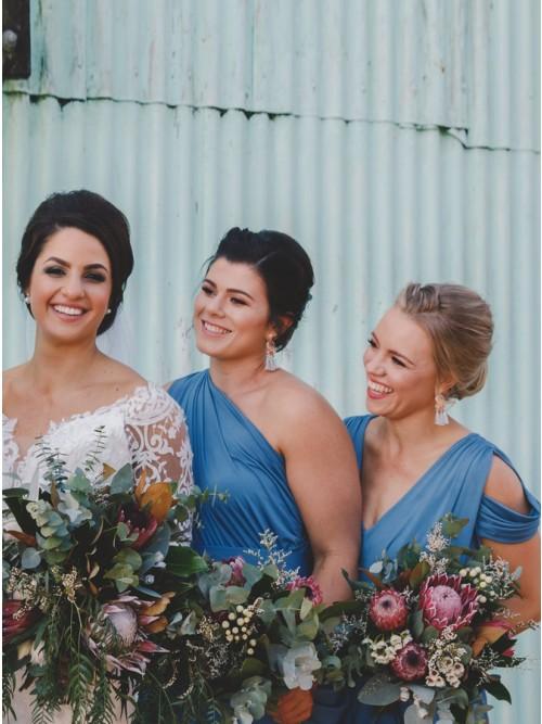 Sheath V-Neck Cold Shoulder Floor-Length Blue Ruched Bridesmaid Dress PDR32