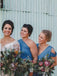 Sheath V-Neck Cold Shoulder Floor-Length Blue Ruched Bridesmaid Dress PDR32