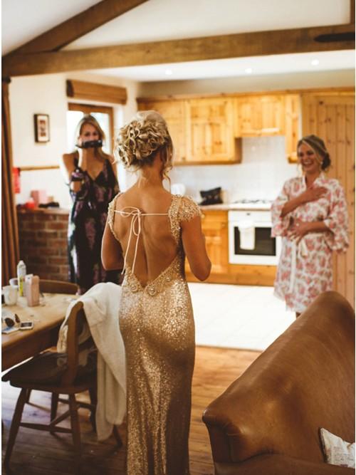 Sheath Round Neck Backless Rose Gold Sequin Long Bridesmaid Dress PDR29