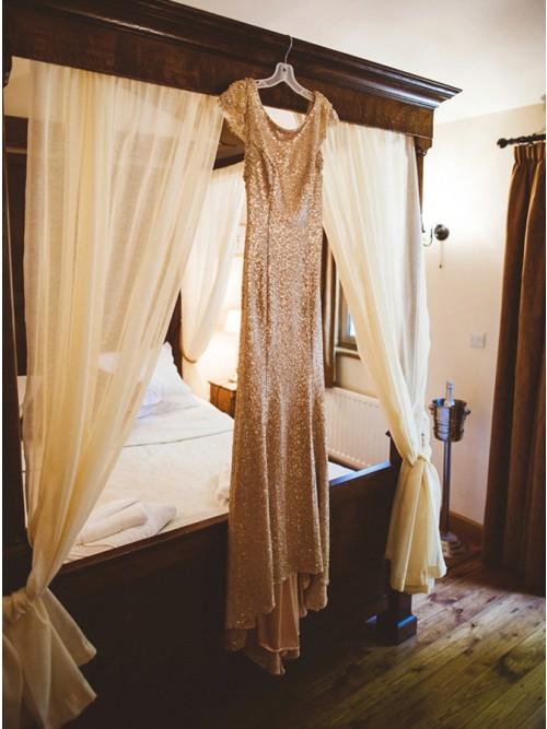 Sheath Round Neck Backless Rose Gold Sequin Long Bridesmaid Dress PDR29