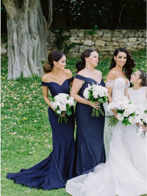 Mermaid Off-the-Shoulder Sweep Train Dark Blue Satin Bridesmaid Dress PDR30