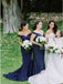 Mermaid Off-the-Shoulder Sweep Train Dark Blue Satin Bridesmaid Dress PDR30