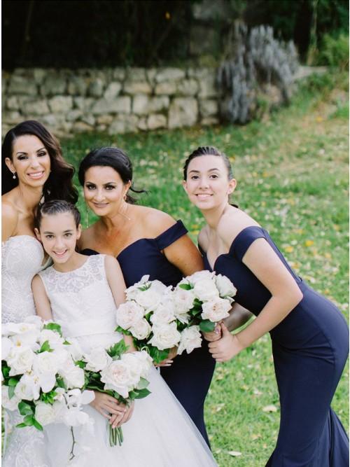 Mermaid Off-the-Shoulder Sweep Train Dark Blue Satin Bridesmaid Dress PDR30