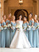 A-Line Cold Shoulder Long Light Blue Chiffon Bridesmaid Dress with Ruffles PDR96