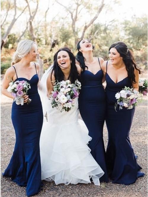 Mermaid Spaghetti Straps Sweep Train Navy Blue Long Bridesmaid Dress PDR25