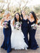Mermaid Spaghetti Straps Sweep Train Navy Blue Long Bridesmaid Dress PDR25