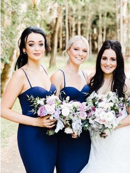 Mermaid Spaghetti Straps Sweep Train Navy Blue Long Bridesmaid Dress PDR25
