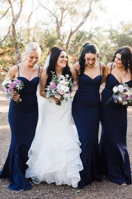 Mermaid Spaghetti Straps Sweep Train Navy Blue Long Bridesmaid Dress PDR25