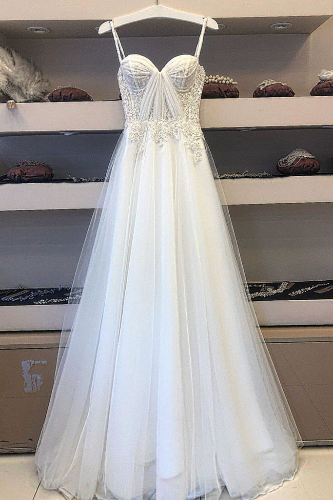 Chic A Line Ivory Spaghetti Straps Tulle Lace Appliques Long Prom Dress Evening Dress PD192