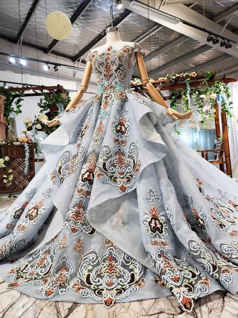 Ball Gown Light Blue Cap Sleeve Long Prom Dresses, Beaded Lace up Quinceanera Dresses PDN75