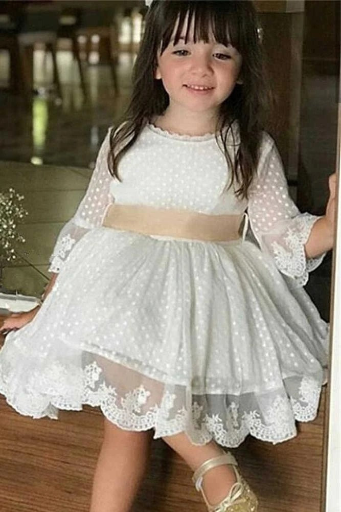 Cute Ivory Lace Long Sleeve Flower Girl Dresses Above Knee Scoop Bowknot Baby Dress HD51