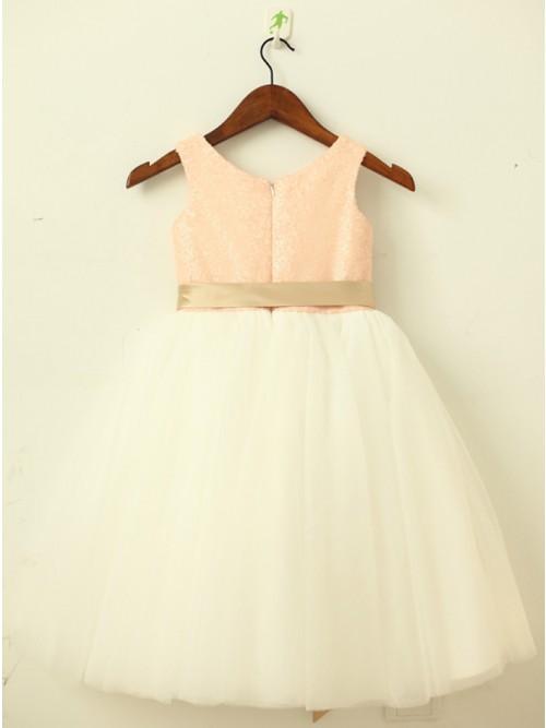 A-Line Round Neck White Flower Girl Dress with Lace Sequins Sash PDP22