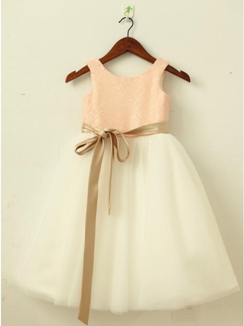 A-Line Round Neck White Flower Girl Dress with Lace Sequins Sash PDP22