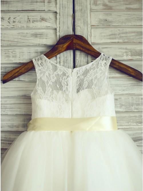 A-Line Round Neck White Flower Girl Dress with Lace Sash PDP24